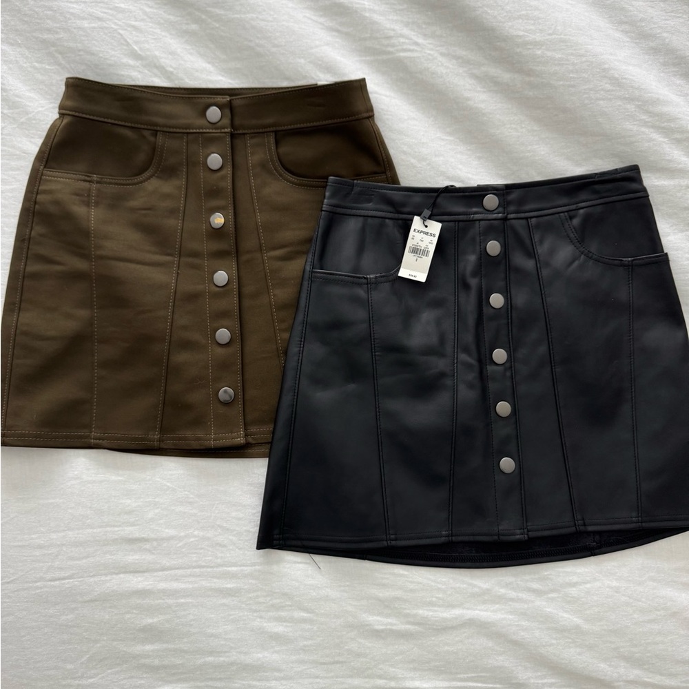 Express New Black Faux Leather and Like New Army Green Mini Skirt